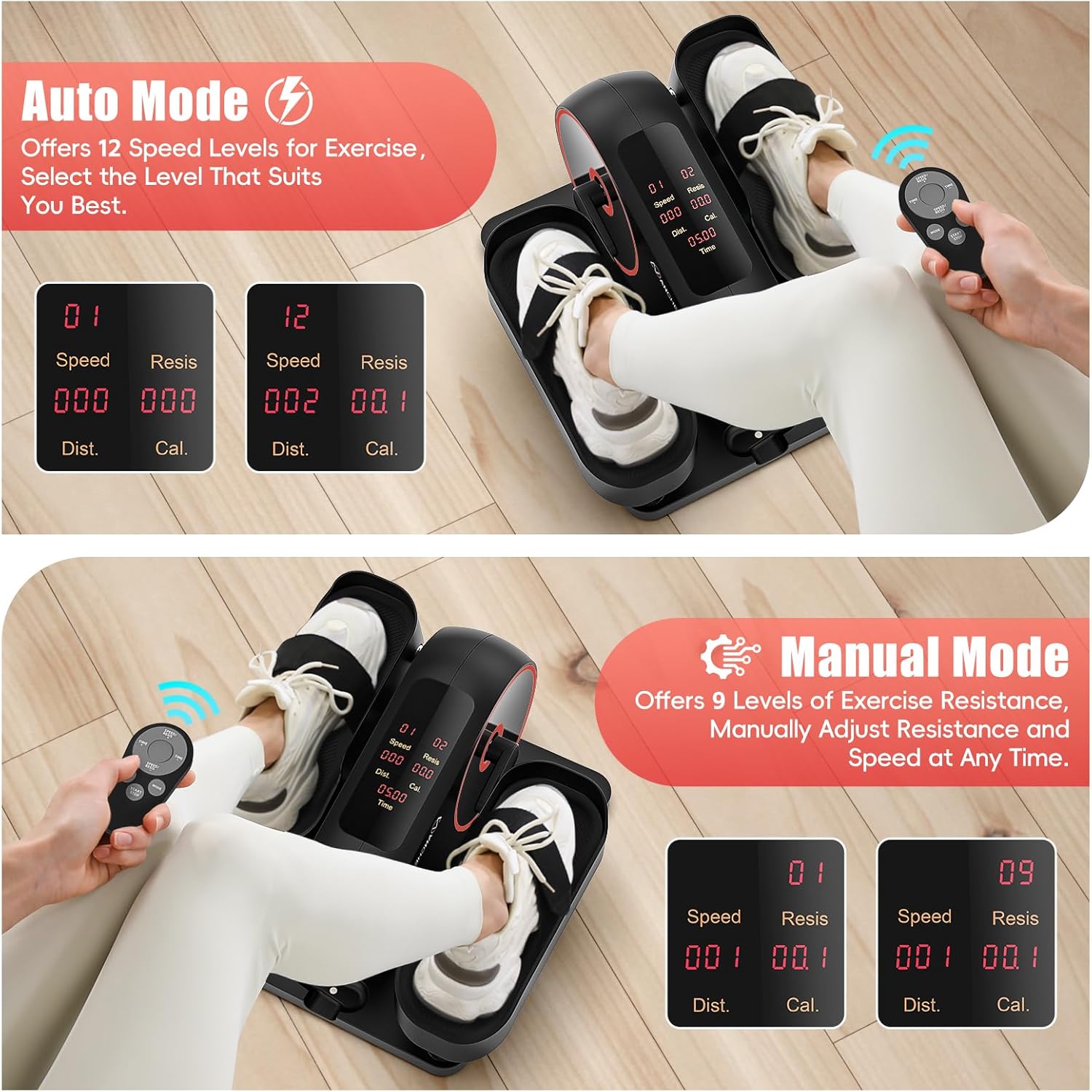 ANCHEER Under Desk Elliptical Machine, 2-in-1 Mini Exercise Bike, Digital Display, 9 Resistance Levels, 12 Speed Levels, Active and Auto Modes, Silent Operation - Image 4
