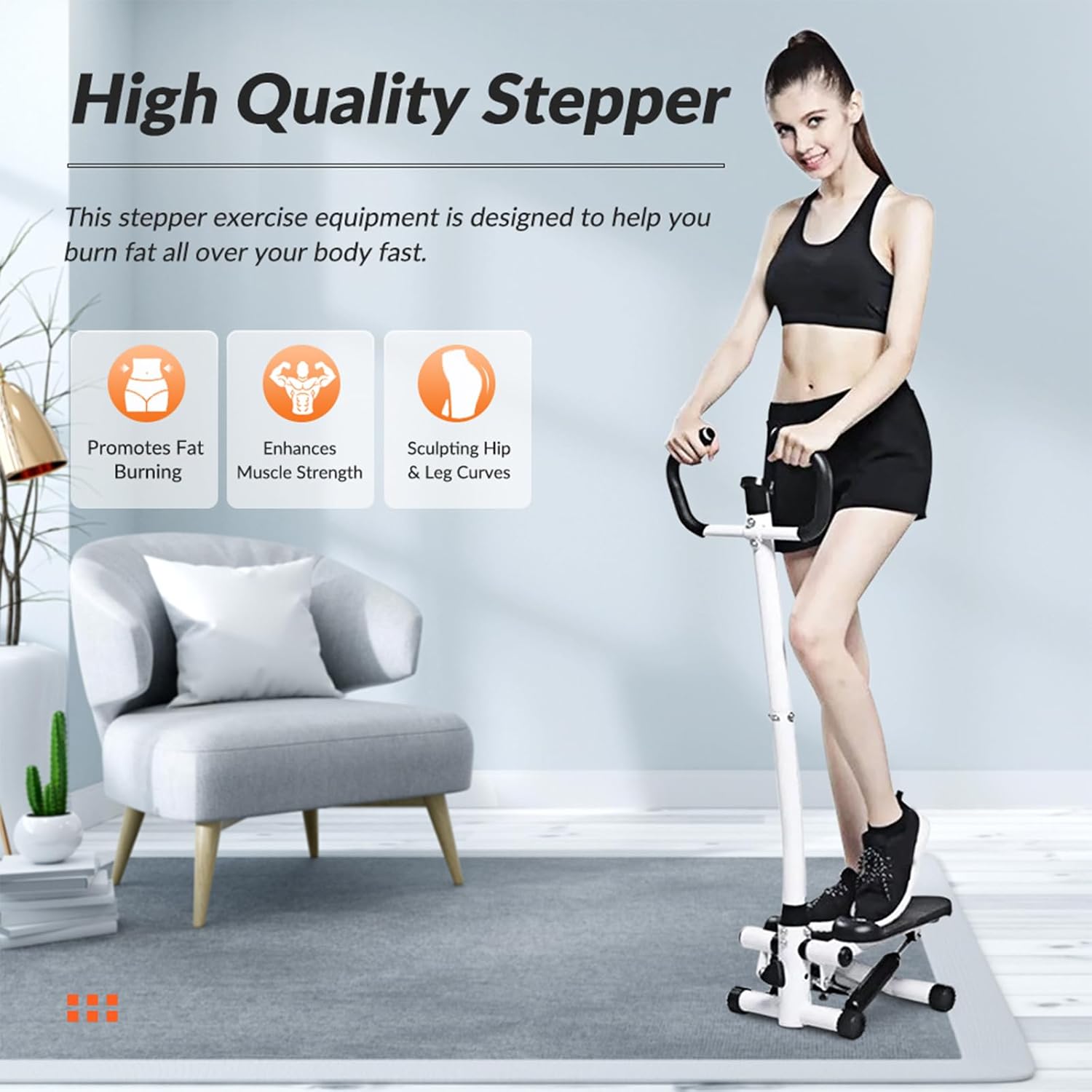 ALSO GO Exercise Stepper Machine with LCD Display Monitor for Home Gym, Portable Stair Stepper Health Fitness Machine Workout Equippment with Handle and Resistance Bands, White - Image 5