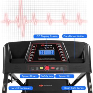 Goplus Electric Folding Treadmill, Adjustable Incline and Low Noise Design, with LCD Display and Heart Rate Sensor, Compact Running Machine for Home Office Apartment Black