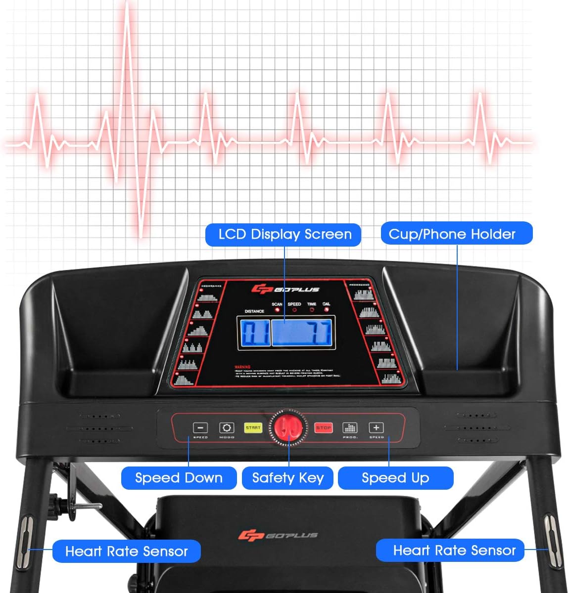 Goplus Electric Folding Treadmill, Adjustable Incline and Low Noise Design, with LCD Display and Heart Rate Sensor, Compact Running Machine for Home Office Apartment Black - Image 2