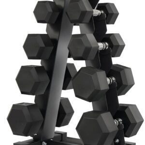 150 lb Dumbbell Set with Rack – 5/10/15/20/25 lb Pairs, Rubber Hex Weights for Home Gym, Cast Iron A-Frame Storage Stand for Full-Body Workout