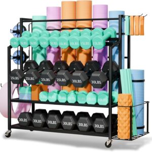XL Dumbbell Rack Weight Stand – Upgraded 4-Tier Adjustable Weight Rack for Dumbbells, Home Gym Storage Rack for Yoga Mat Kettlebells, Workout Equipment Storage Organizer With Wheels and Hooks