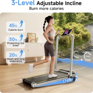 Walking Pad with Handles, Walking Pad Treadmill with Incline, 3 in 1 Foldable Treadmills for Home Office, Portable Under Desk Compact Design
