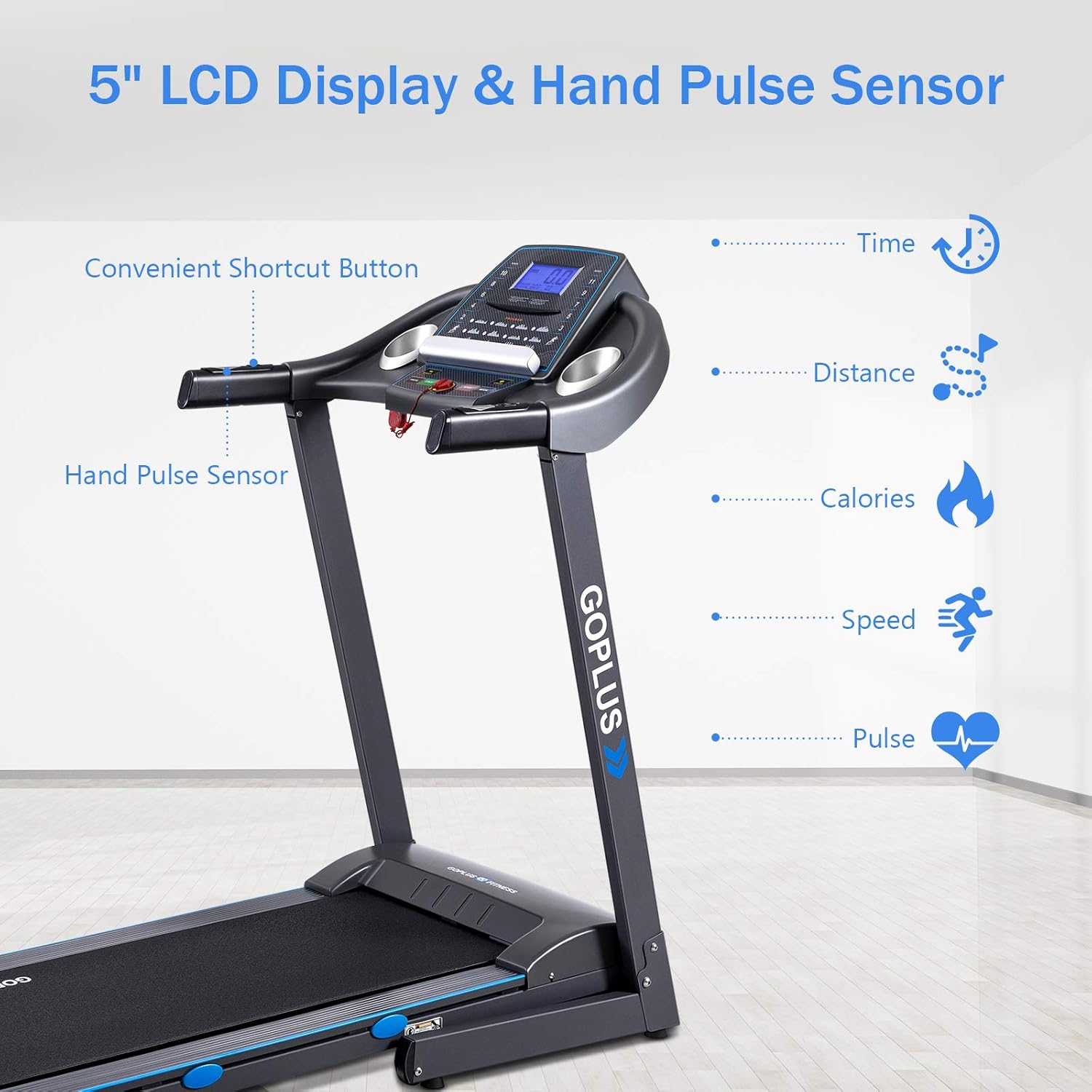 Goplus 2.25HP Folding Treadmill with Incline, Electric Treadmill, Walking Running Jogging Fitness Machine with Blue Backlit LCD Display for Home & Gym Cardio Fitness - Image 4