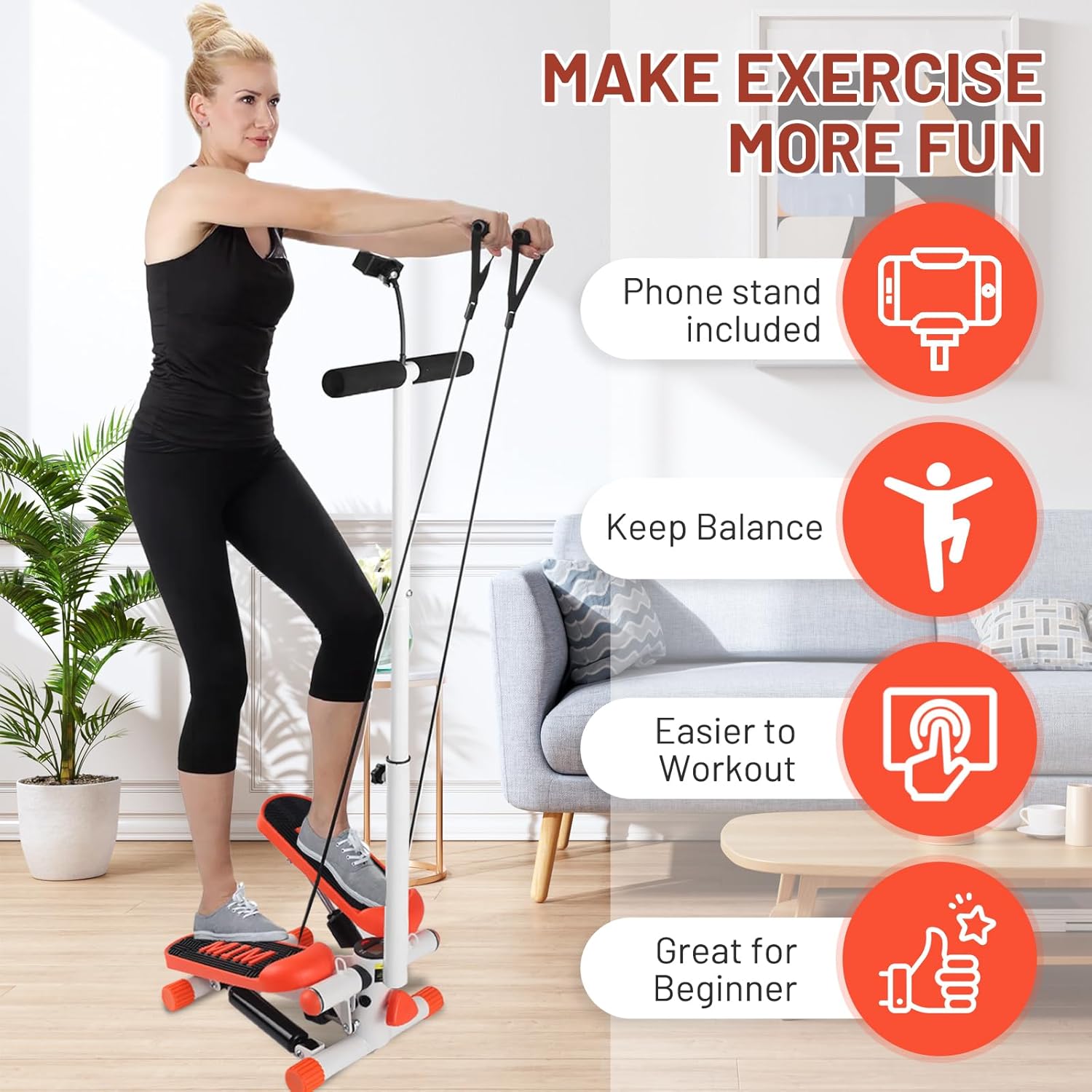 Adjustable Height Stair Stepper with Resistance Bands and LCD Monitor - 330 lb Capacity, Handlebar and Phone Stand for Home Workouts - Image 2