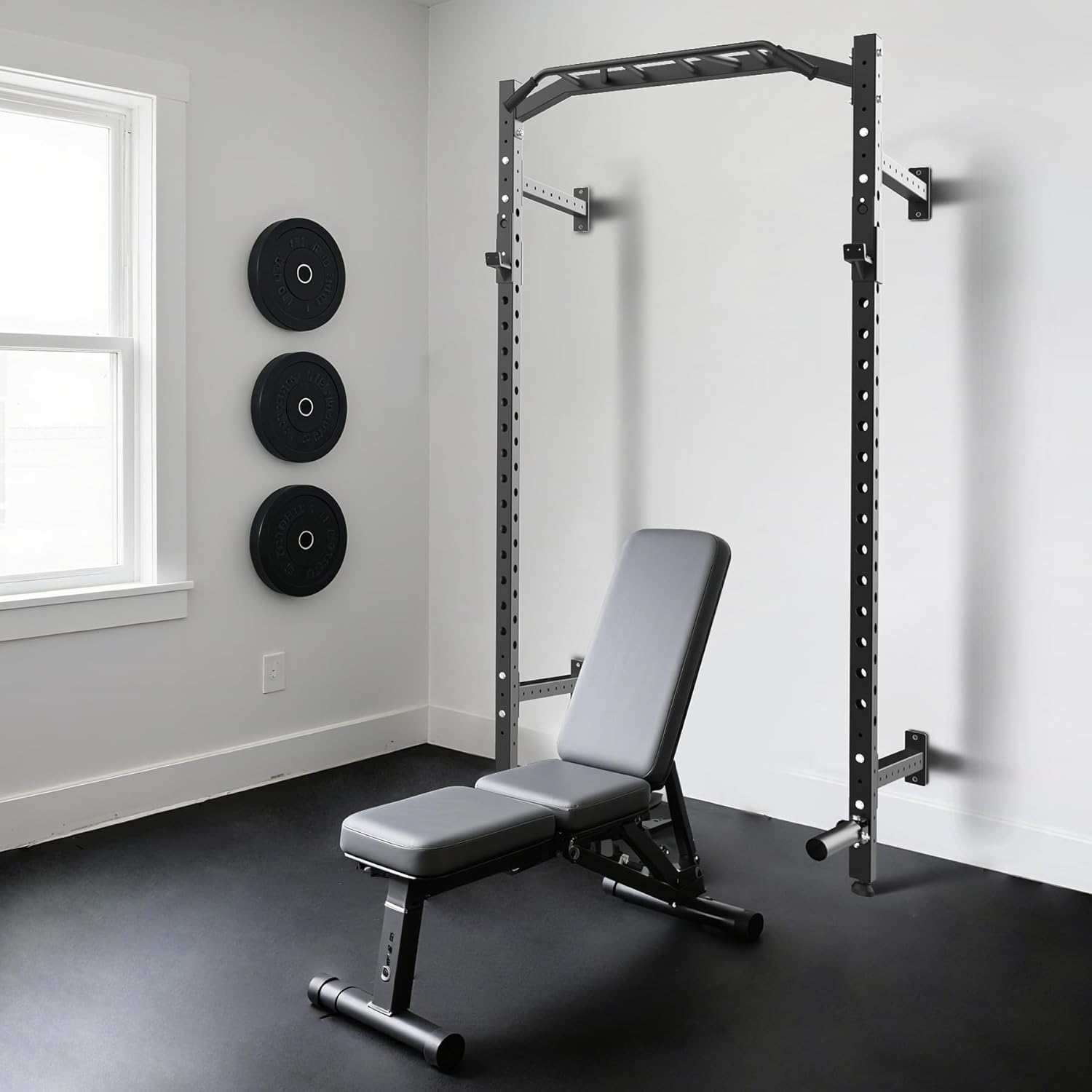 1600LB Wall Mounted Power Rack, Commercial Squat Rack for Home Gym with Multi-Grip Pull Up Bar, j-Cups & Landmine Attachment for Home and Garage Gym - Image 4