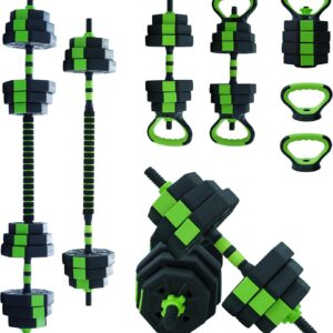 4-in-1 Adjustable Dumbbell Set, 44 lbs Weight Set Used as Dumbbell, Barbell, Kettlebell & Push up Stand, Multifunctional Home Gym Workout Equipment for Men & Women, Green