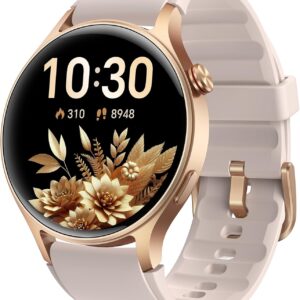 43mm Women’s Smart Watch with 1.32″ AMOLED display, Bluetooth calling, heart rate, sleep & SpO₂ monitor, 110+ sports modes, 3ATM waterproof, fitness tracker compatible with iPhone, Samsung & Android.