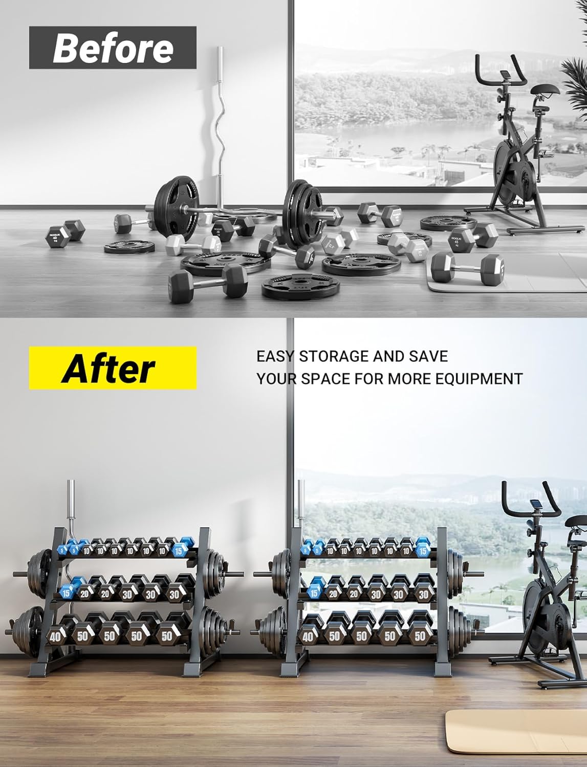 YOLEO Professional Dumbbell Rack, 1100LBS Capacity Weight Rack for Dumbbells Barbells Kettlebells, 3-Tier Adjustable Weight Stand, Multifunctional Weight Storage, Compact Weight Organizer for Home Gym (Rack Only) - Image 7