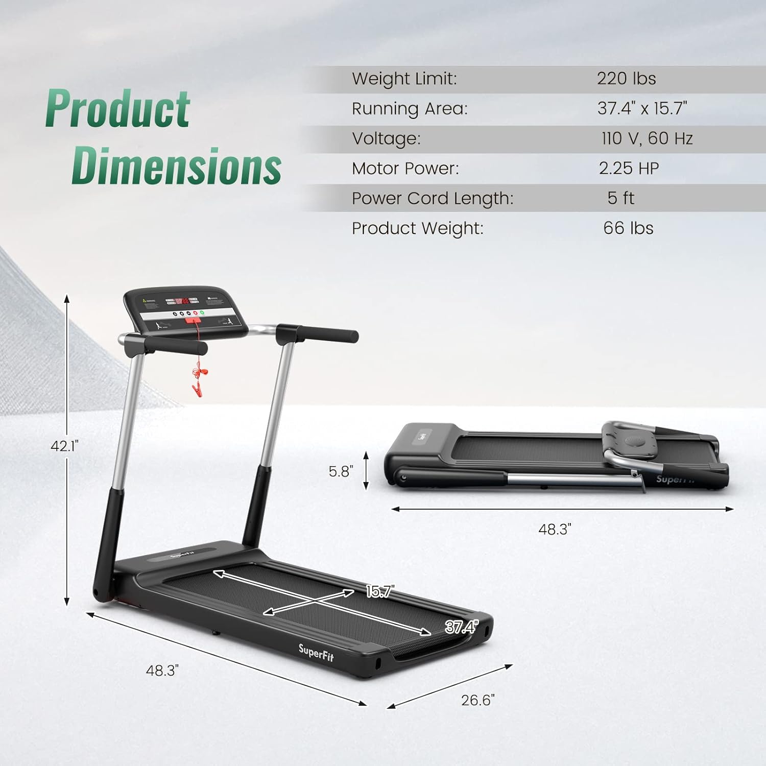 GYMAX Foldable Treadmill, 2.25HP Portable Treadmill with App Control & LED Monitor, Compact Running Walking Jogging Machine for Small Space, Home Gym Workout Fitness Folding Treadmill - Image 7