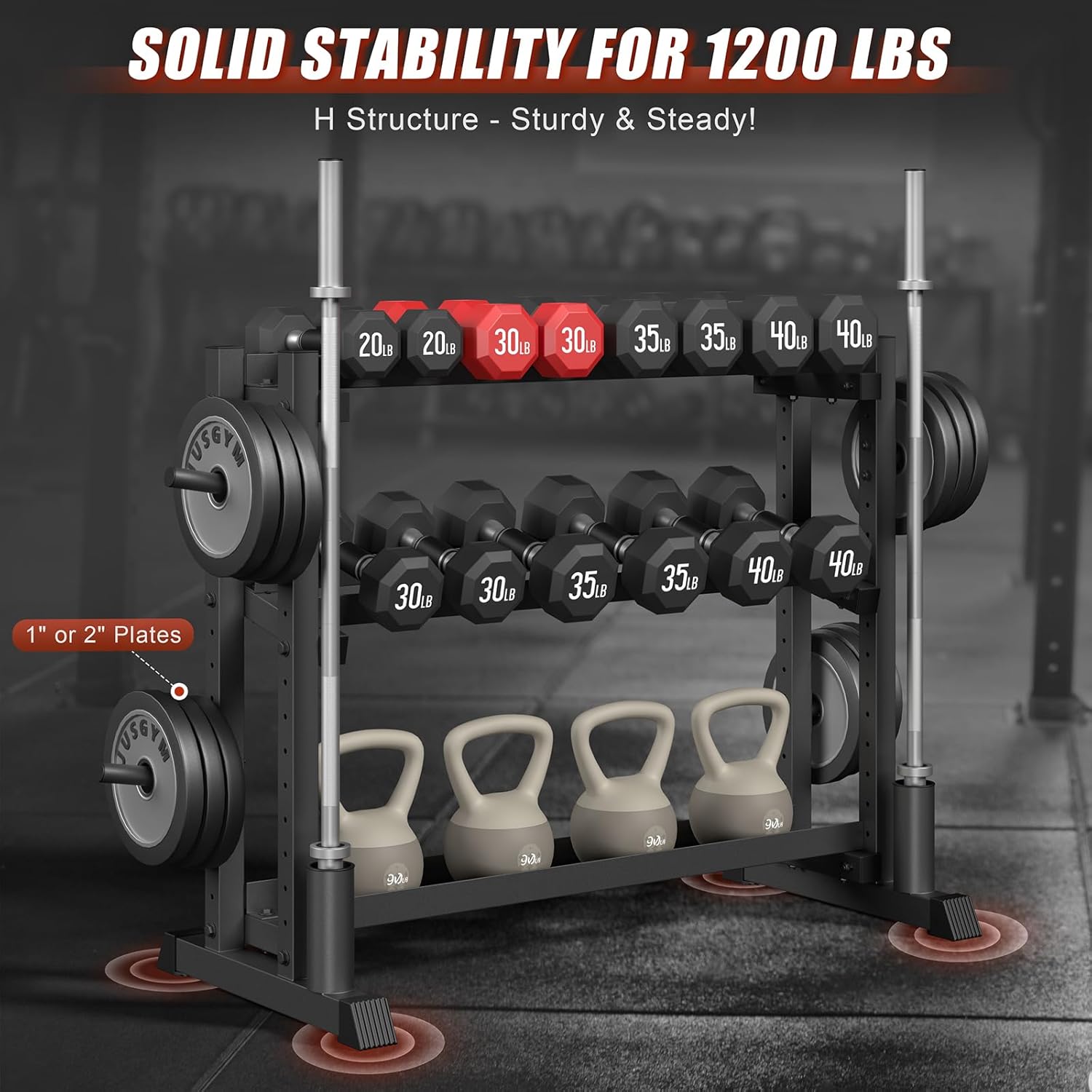 3-Tier Dumbbell Rack, 1200LB Capacity Adjustable Weight Rack for Home Gym, Heavy-Duty Weight Stand for Dumbbells Kettlebells & Weight Plates(Rack Only) - Image 2