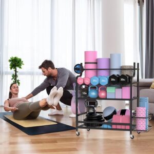Dumbbell Rack, 3 Tier Metal Weight Rack, High Volume Home Gym Equipment Storage for Kettlebells, Yoga Mat, Foam Roller, etc, Multifunctional Storage Rack with Wheels and Hooks