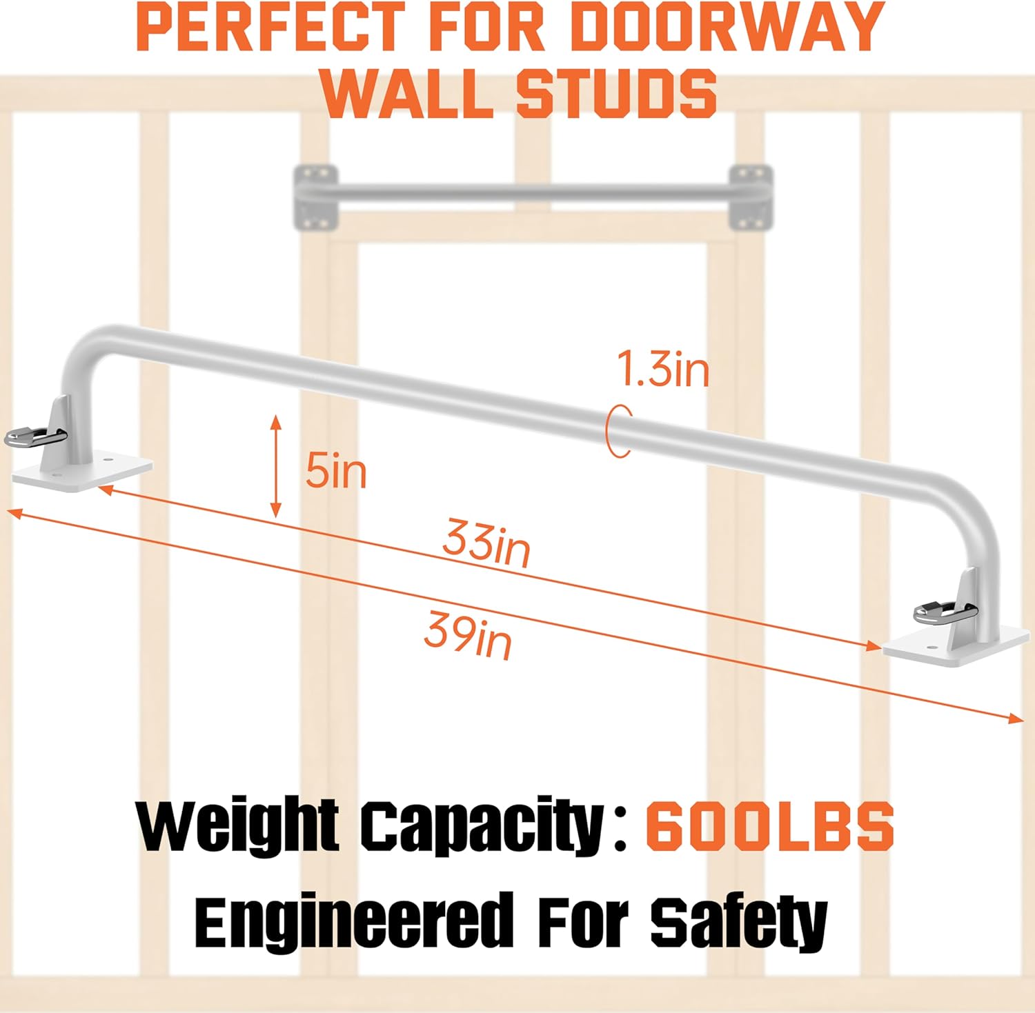 36" Heavy Duty Pull Up Bar Wall/Joist Mounted, 600 LB Capacity, Multi-Grip Bar for Garage & basement rafter Use - All-in-One Workout Station with Carabiners & Space-Saving Design - Image 3