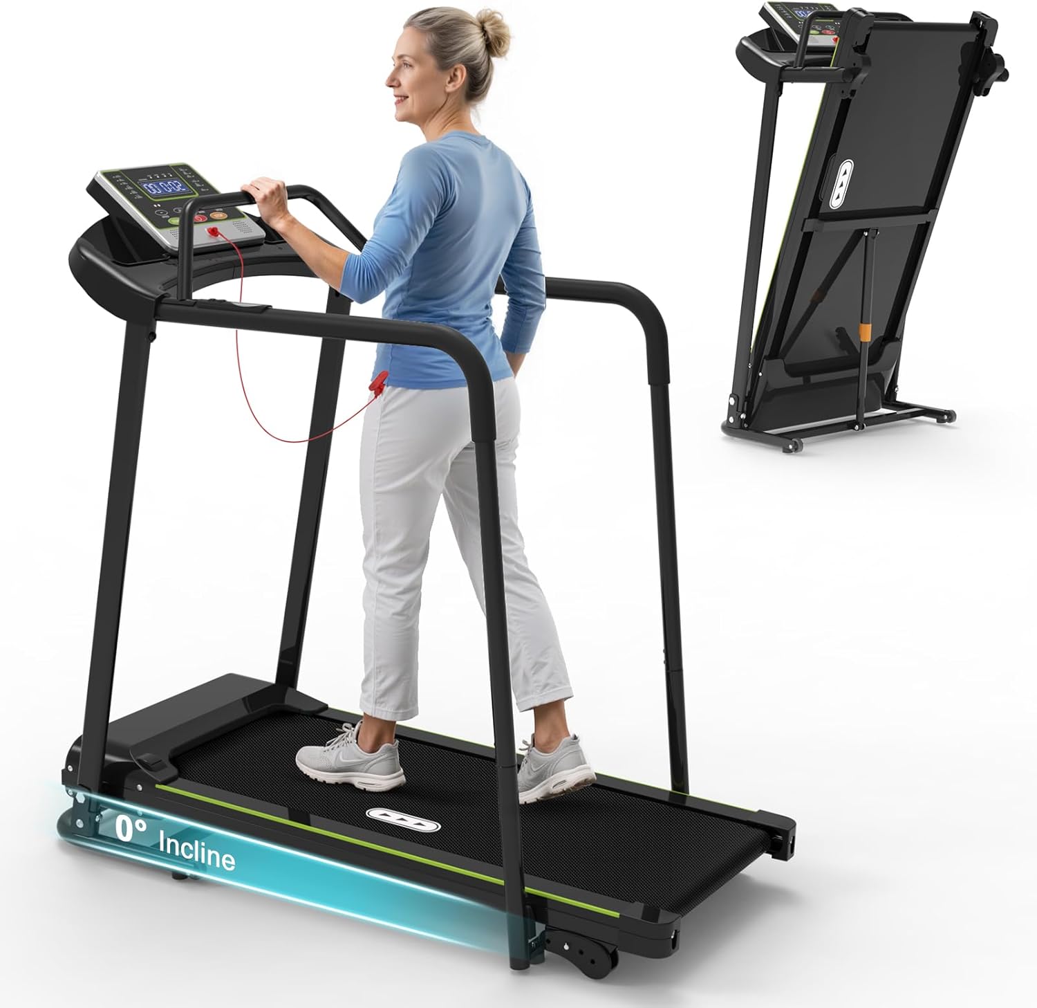 Redliro Walking Treadmill with Long Handrail for Balance, Recovery Fitness Exercise Machine Foldable for Home use with Holder for Phone & Cup,LCD Display, 300 lbs Capacity