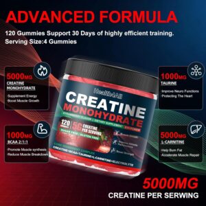 Health4All Creatine Monohydrate Gummies 5G for Men & Women, Preworkout Supplement for Energy & Muscle Growth Support with Electrolyte, BCAA, L-Carnitine & Taurine- Strawberry 120 Gummy