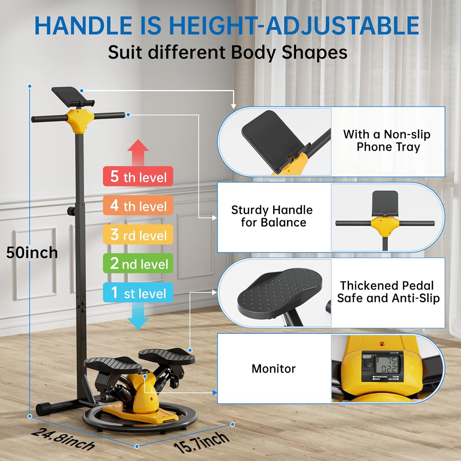 Twist Stepper Machine with Adjustable Handlebar, Added Waist Twisting Function, Quiet Stair Stepper for Exercise at Home, Mini Stepper Machine with 300 LBS Capacity, Fitness Stepper with LCD Monitor - Image 5