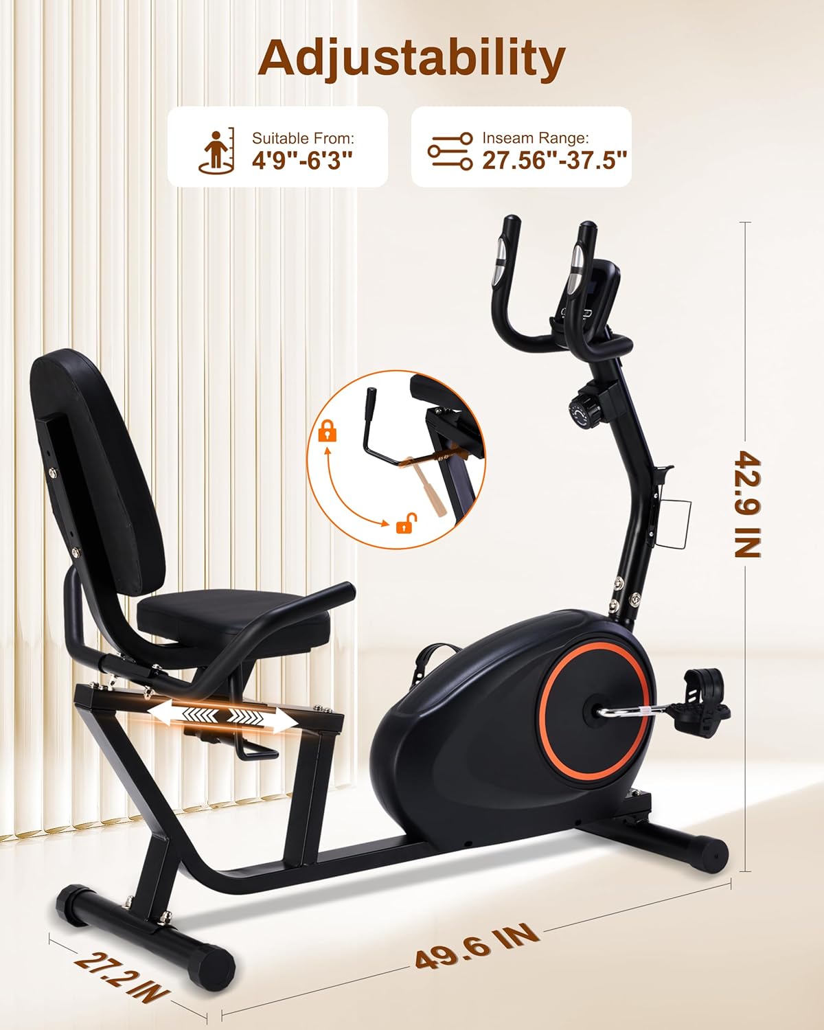 Recumbent Exercise Bike for Home with Quiet 16 Levels Magnetic Resistance, Recumbent Bike for Seniors & Adults with 400LBS Weight Capacity, Large Comfortable Seat, Backlit LCD Monitor, and Pulse Sensor - Image 6