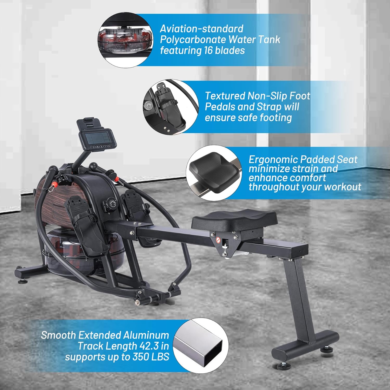 Rowing Machine, Magnetic Water Rower Machine for Home, 16 Levels of Quiet Resistance, Extended Slide Rail with Max 350lb Weight Capacity, App Compatible, Full-Body Workout Fitness Rower - Image 6