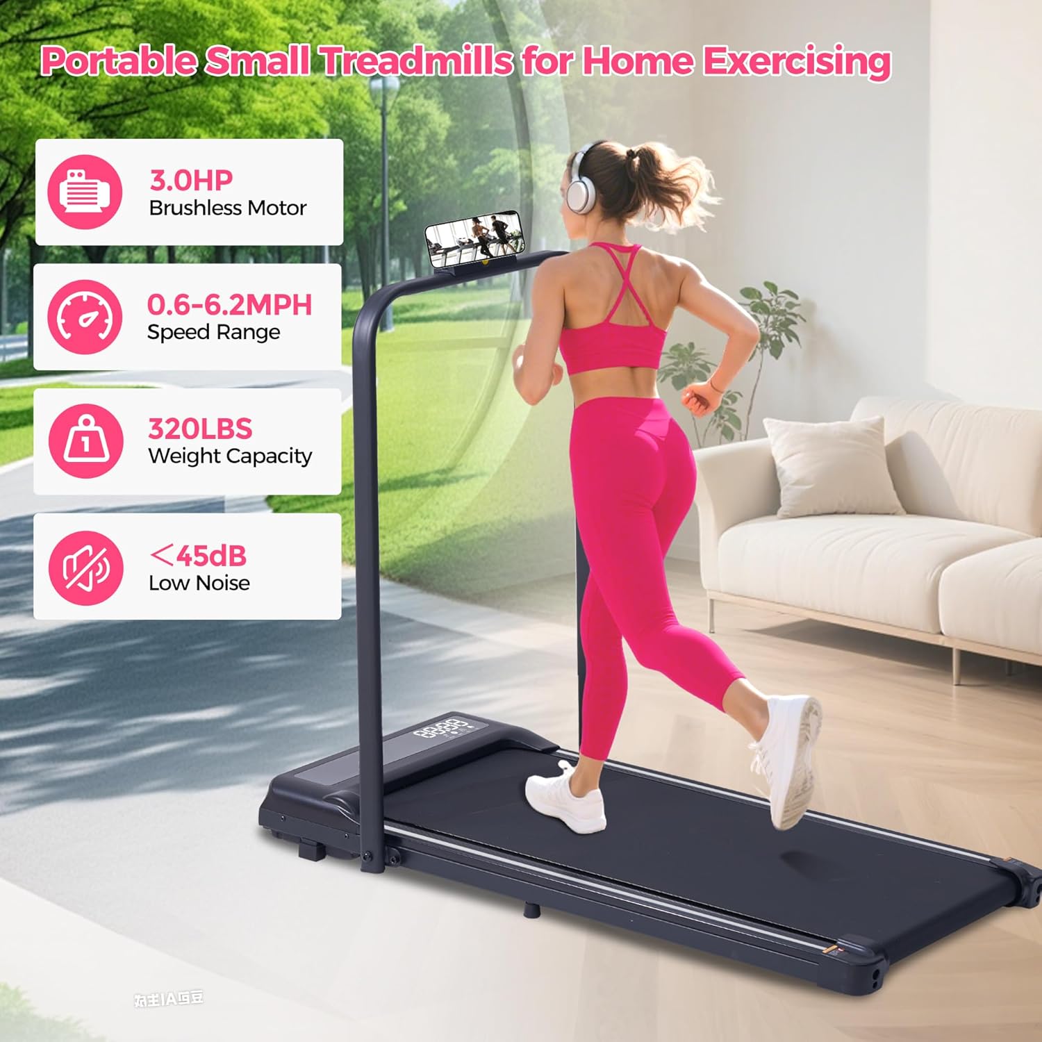 Electric Walking Pad with Handle Bar, 3.0HP Portable Small Walking Pads Treadmills for Home Small with Handles, 0.6-6.2MPH Compact Home Treadmill for Small Spaces, 320LBS - Image 4