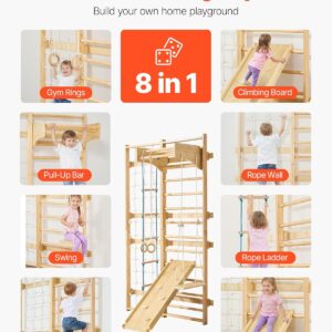 VEVOR Swedish Ladder Wall Gym, 8-in-1 12-Level Solid Wood Gymnastic Stall Bars for Kids Adults, 220LBS Indoor Jungle Gym Playset with Climbing Board, Gym Rings, Pull-Up Bar, Wall Ladder, Slide, Swing