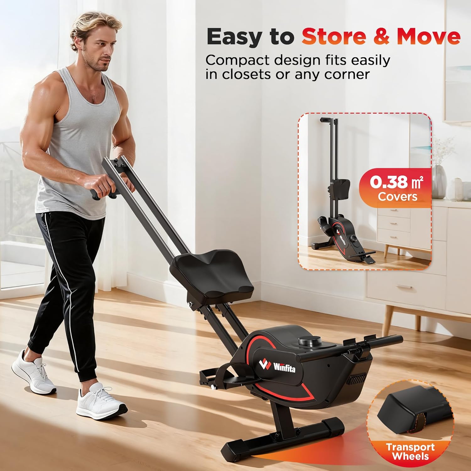 Rowing Machines for Home Use, Compact Rower Machine with 350 LBS Capacity,32-Level Self-Powered Resistance Knob with Real-Time Data Tracking, Dual Rail, Ergonomic Seat, App Support - Image 9