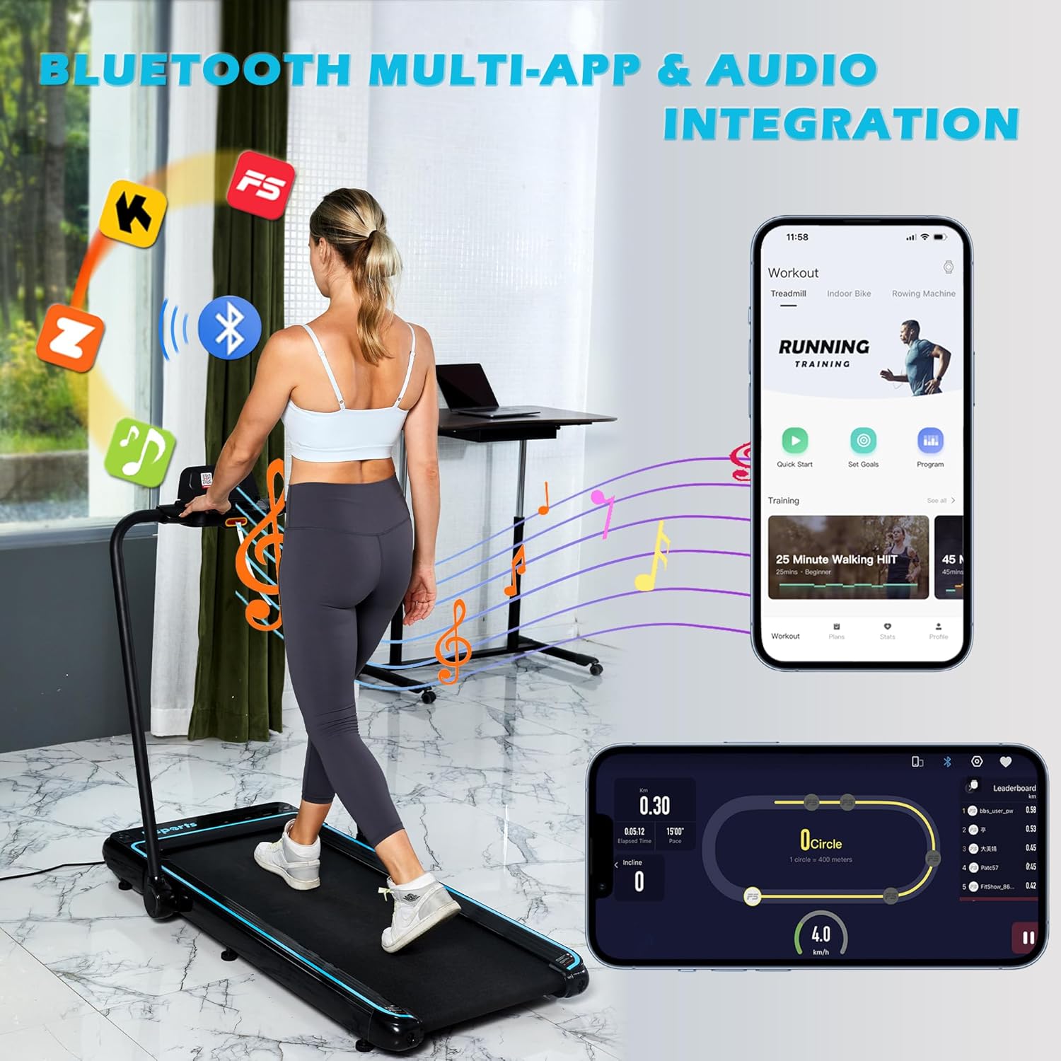 Ksports Walking Pad & Folding Treadmill – 2.5HP, Sit-Ups Mat, Bluetooth App, Portable Wheels | Incline, Desk, Dual Displays, 308 lbs & 265lbs Capacity - Image 5
