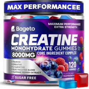 Creatine Monohydrate Gummies Complex 8000mg for Men and Women, Flavored and Chewable Creatine with Taurine, L-Carnitine, Electrolyte for Muscle Growth, Strength & Energy, Pre Workout Gummies 120pcs