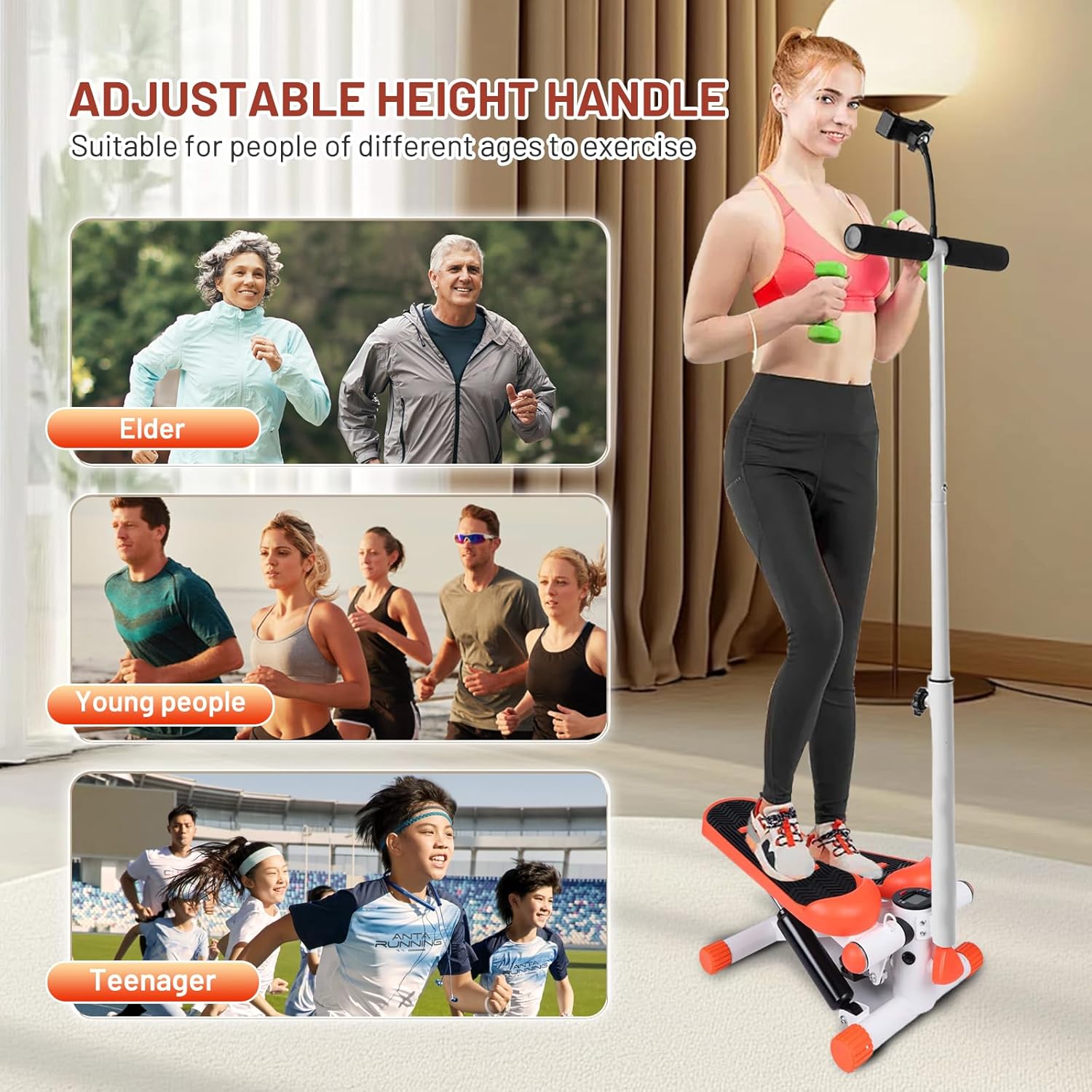 Adjustable Height Stair Stepper with Resistance Bands and LCD Monitor - 330 lb Capacity, Handlebar and Phone Stand for Home Workouts - Image 6