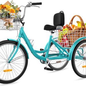 DWVO 24 26 Inch Adult Tricycle, Single Speed 7-Speed 3-Wheel Bike for Adults, Trike for Women Men with Detachable Front and Rear Baskets for Picnic Exercise Shopping