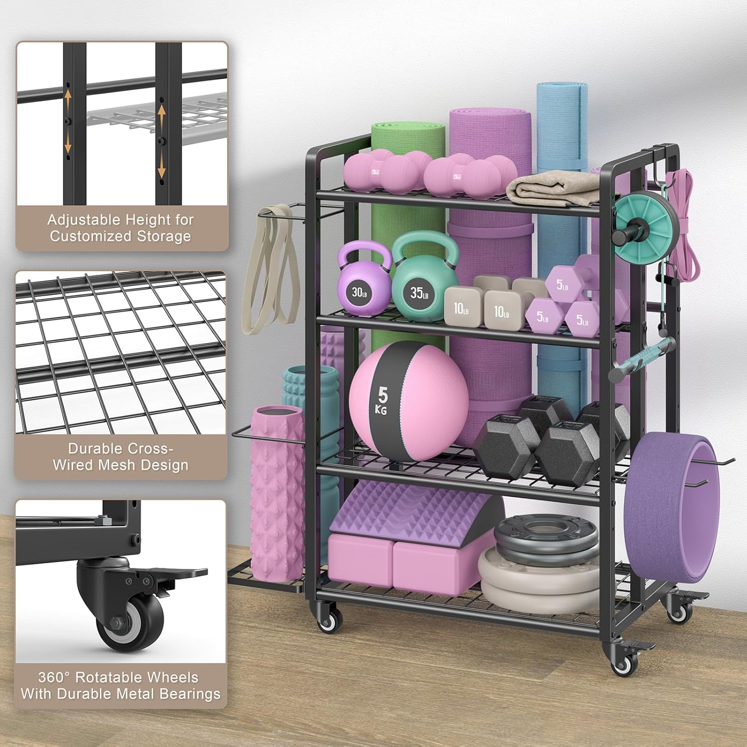 4-Tier Dumbbell Rack Stand Only, Adjustable Weight Rack for Dumbbells Kettlebells Yoga Mat, Home Gym Storage Rack with Wheels and Hooks, Powder Coated Finish - Image 6