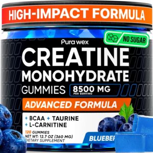 Creatine Monohydrate Gummies 8500mg Complex for Men & Women – Pre Workout Creatine Chews for Muscle Growth, Strength & Energy, Sugar Free, Vegan, Blueberry Flavor – 120 Count
