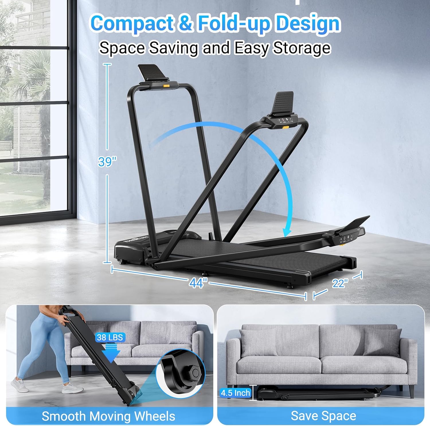 THERUN Walking Pad, 2 in 1 Foldable Treadmills for Home, 2.5HP Under Desk with Handle Bar, 16" Widened Running Belt, with Remote Control - Image 5