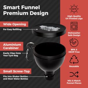 Protein Powder Funnel Set – Travel Protein Powder Container to Go with Carabiner & Reinforced Caps to Stop Spills – Protein & Pre Workout Powder Supplement Funnel for Bottles & Shakers – 4 Pack