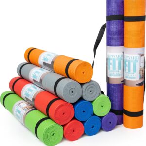 12-Pack Classic Yoga Mat With Carrying Strap, 68″ x 24″ Non Slip Exercise Mat, 4mm Thick Gym Mat, Bulk Non Toxic Yoga Mats for Home Workout, Schools, Classroom, and Studios