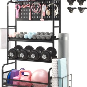 56” Taller Home Gym Storage Organizer, Yoga Mat Storage Rack with Hanging Board, Exercise Workout Equipment Storage Stand for Home Gym, Dumbbell Holder Kettlebell Rack with Wheels and Hooks