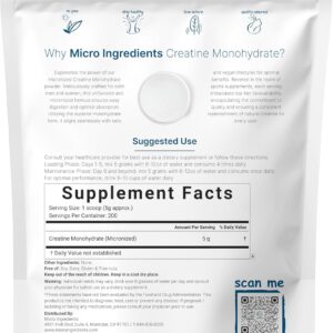 Instant Creatine Monohydrate Powder 1 kg (2.2 Lbs), 5000mg Per Serv, Micronized Creatine Powder, Unflavored, Pure, No Filler, Keto & Vegan Friendly, Easy Dissolve Pre Workout for Women and Men