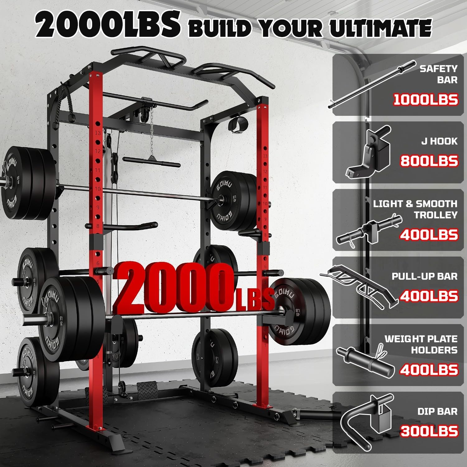 C1-V4 Power Cage, 2000LBS Squat Rack with LAT Pulldown, Multi-Function Weight Cage Strength Training Machine, Workout Cage with More Attachments for Home Gym Garage - Image 3