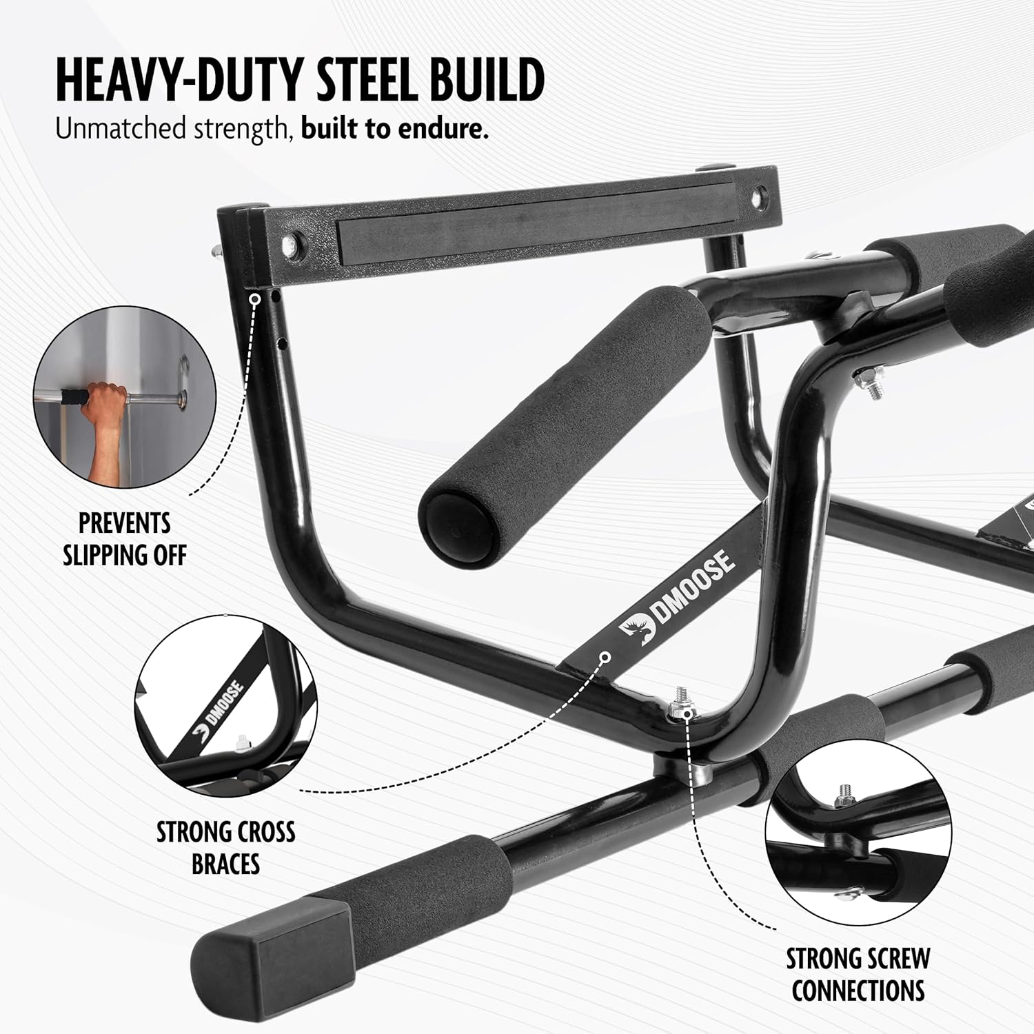 DMoose Fitness Pull Up Bar for Doorway - Upto 250 Lbs Capacity, No Screwing or Slipping, Hanging Pullup & Chin Up Bar for Door Frame - Multi Padded Grips for Strength Training with Installation Guide - Image 5