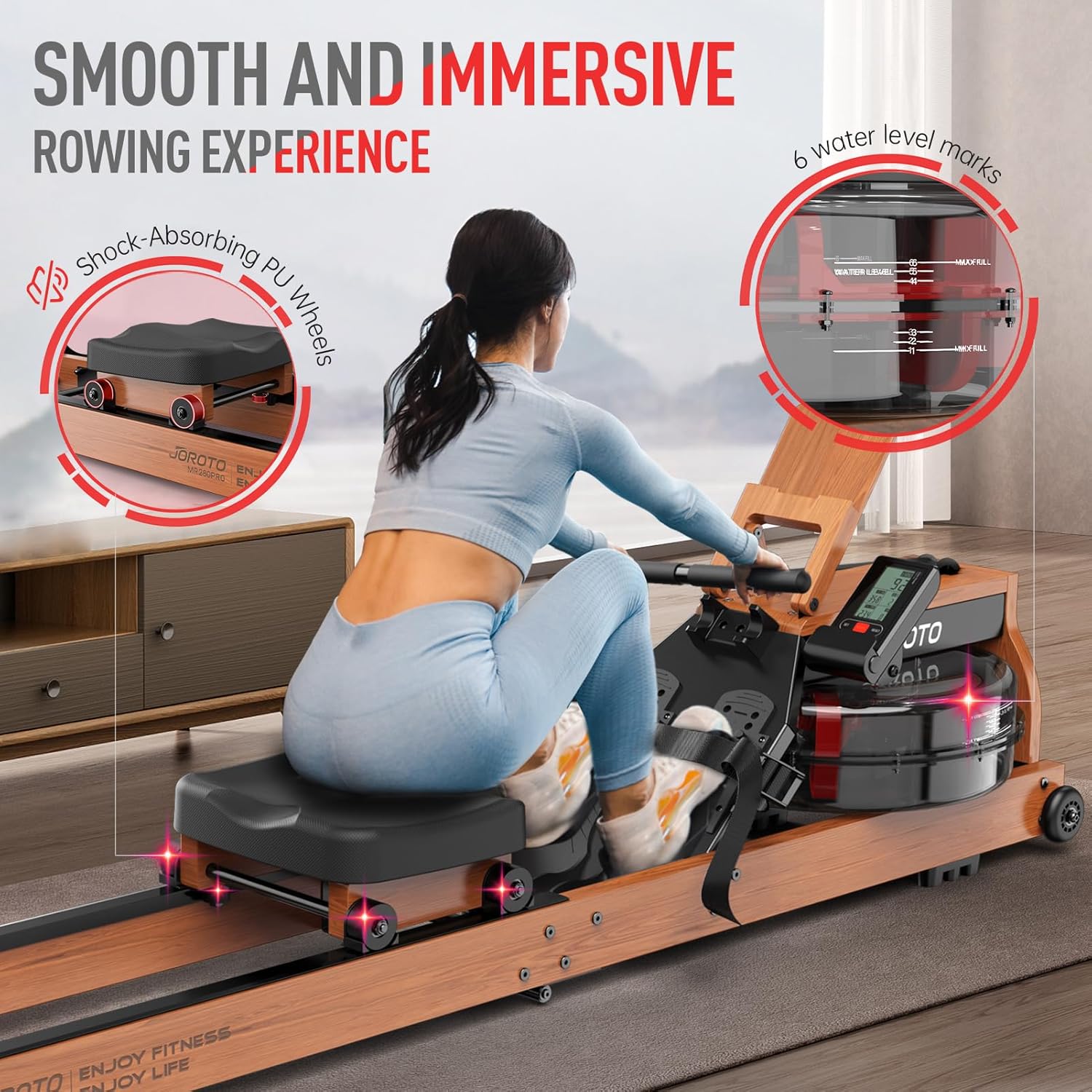 JOROTO Rowing Machines for Home Use, Foldable Rower Machine with Bluetooth Monitor, Tablet Holder Water Rowing Machine - Image 7