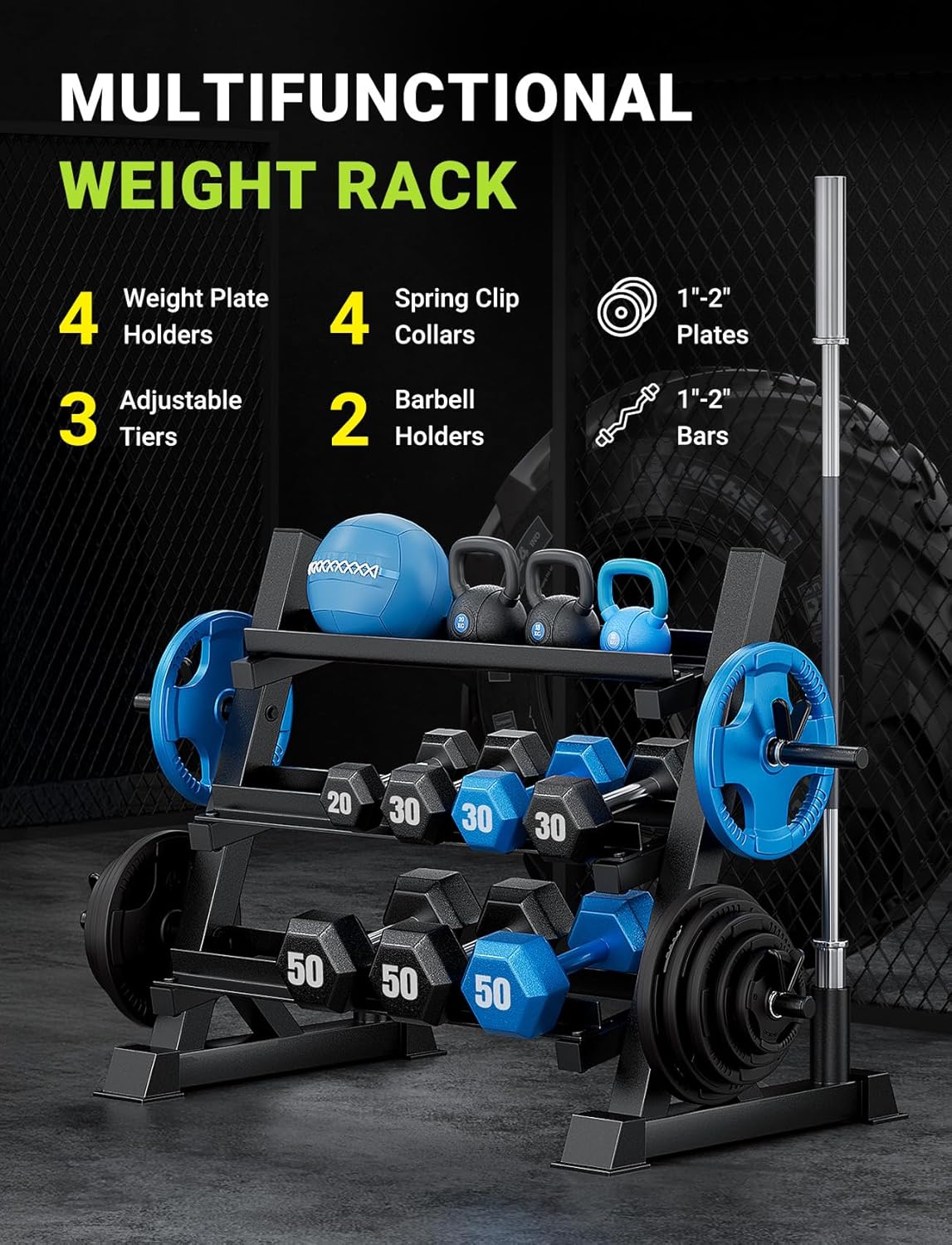 YOLEO Professional Dumbbell Rack, 1100LBS Capacity Weight Rack for Dumbbells Barbells Kettlebells, 3-Tier Adjustable Weight Stand, Multifunctional Weight Storage, Compact Weight Organizer for Home Gym (Rack Only) - Image 2