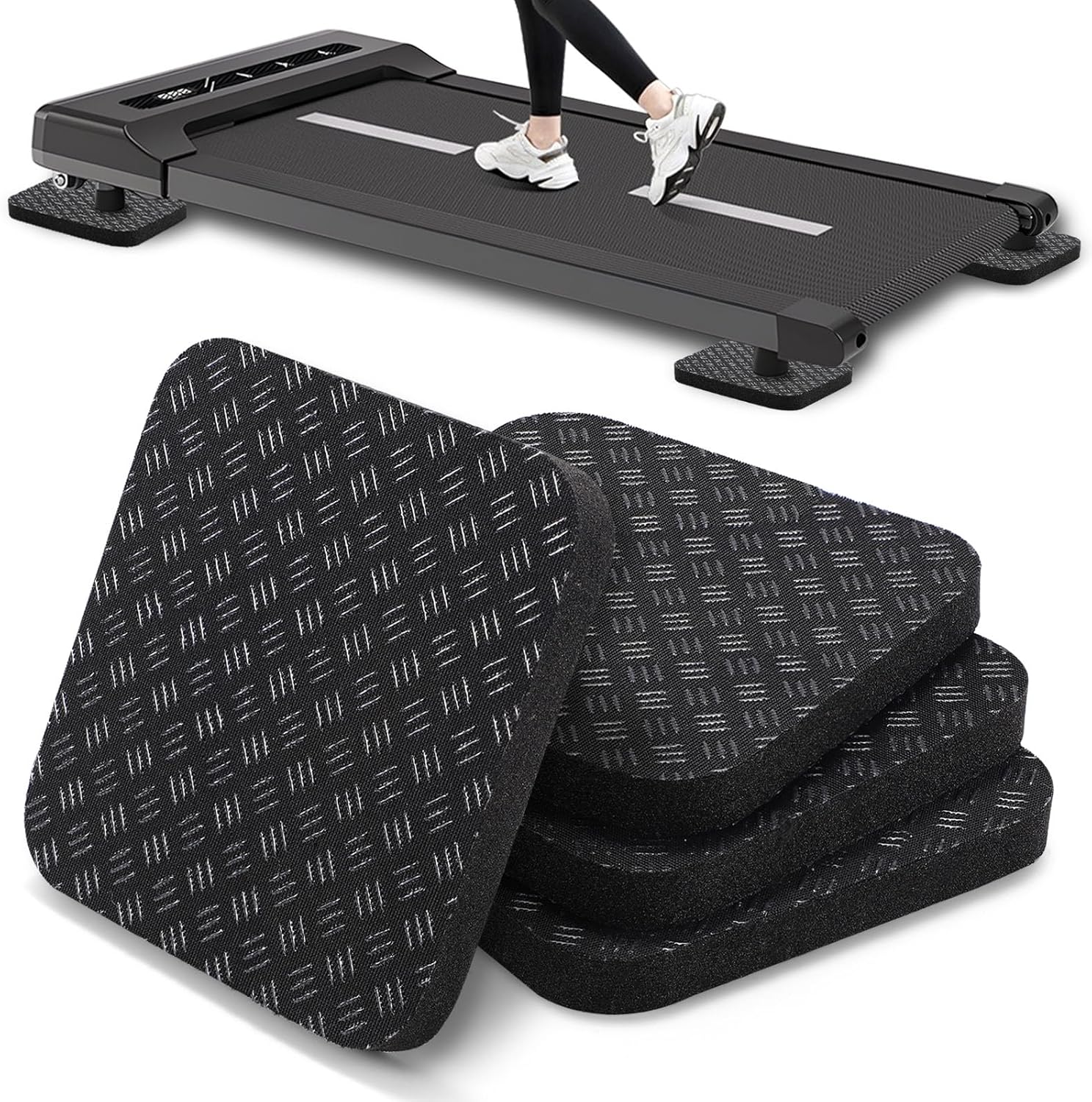 TOBWOLF 4PCS Anti-Slip Treadmill Mats, 10MM Thick High Density Walking Pad Mat, 4" X 4" Anti Vibration Walking Pad Mats, Thick Rubber Mat for Stationery Bike, Rowing Machine, Home Gym Station