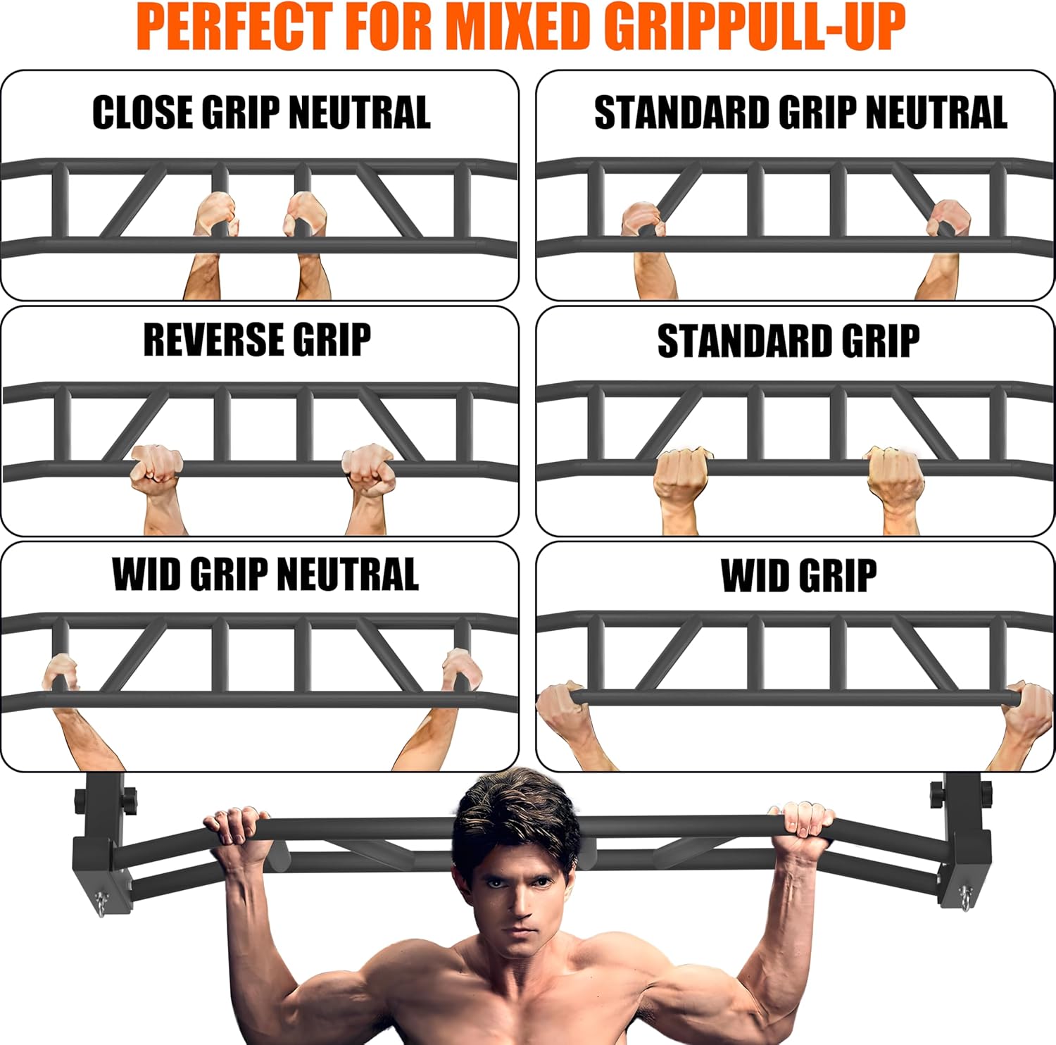 48" Ceiling Mount Pull Up Bar - Heavy Duty Multi-Grip Chin Up Bar for Garage/Home Gym and Strength Training, Adjustable Height&Supports to 600 Lbs - Image 6