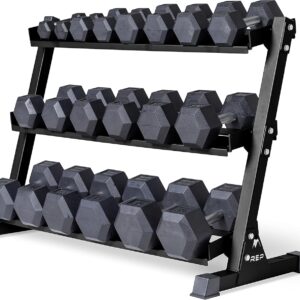 REP Fitness Rubber Hex Dumbbell Set, Adjustable Weight Pairs, Home Gym Equipment, Strength Training For Men Women, Black Coated Grips, Workout Rack Storage Optional, Heavy Lb Free Weights