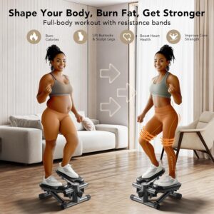 Mini Stepper with Resistance Bands, Stair Stepper for Exercise at Home, Compact Hydraulic Fitness Machine, Adjustable Step Height, Quiet Design, 300LBS Capacity, Calories, and Steps Tracking