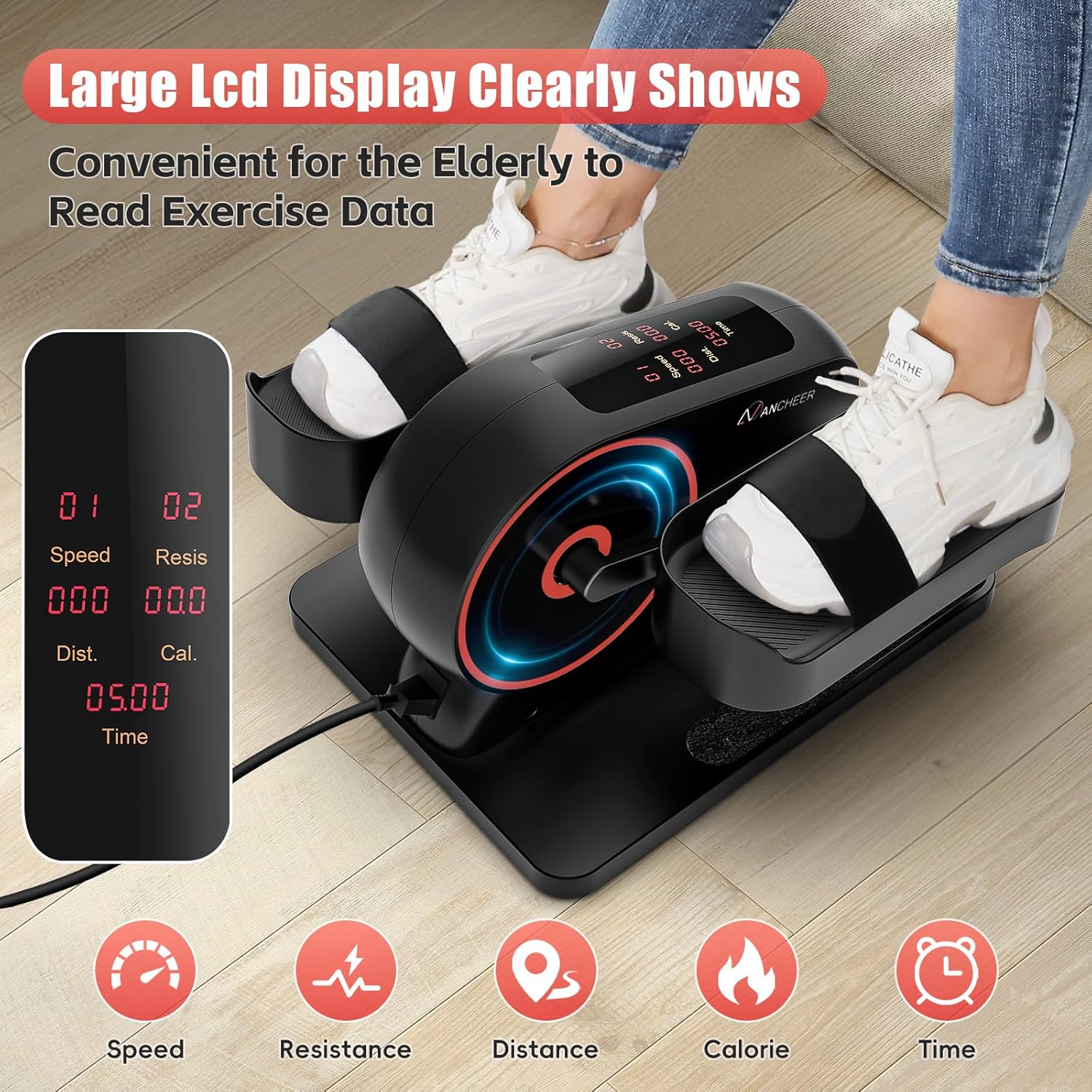 ANCHEER Under Desk Elliptical Machine, 2-in-1 Mini Exercise Bike, Digital Display, 9 Resistance Levels, 12 Speed Levels, Active and Auto Modes, Silent Operation - Image 3