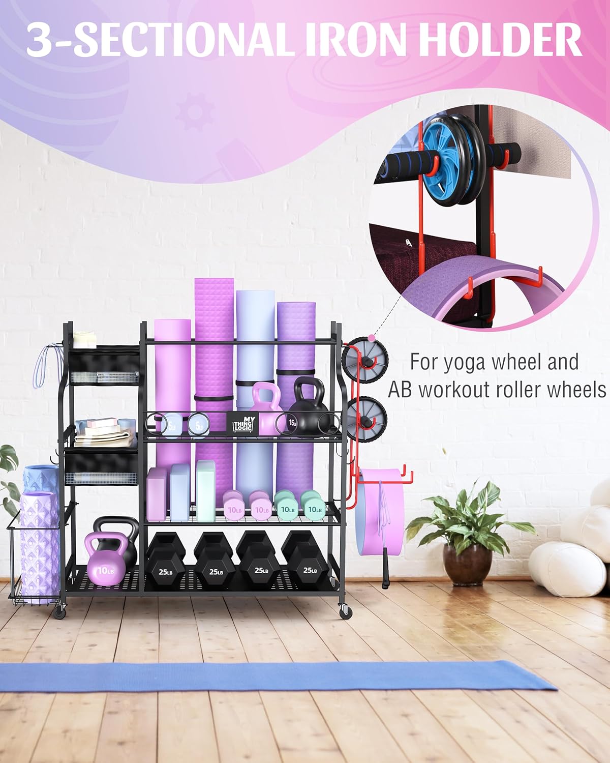 Mythinglogic Weight Rack for Dumbbells, Home Gym Storage for Yoga Mat Dumbbells Kettlebells and Strength Training Equipment, Dumbbell Rack with Wheels and Hanging Hooks - Image 4