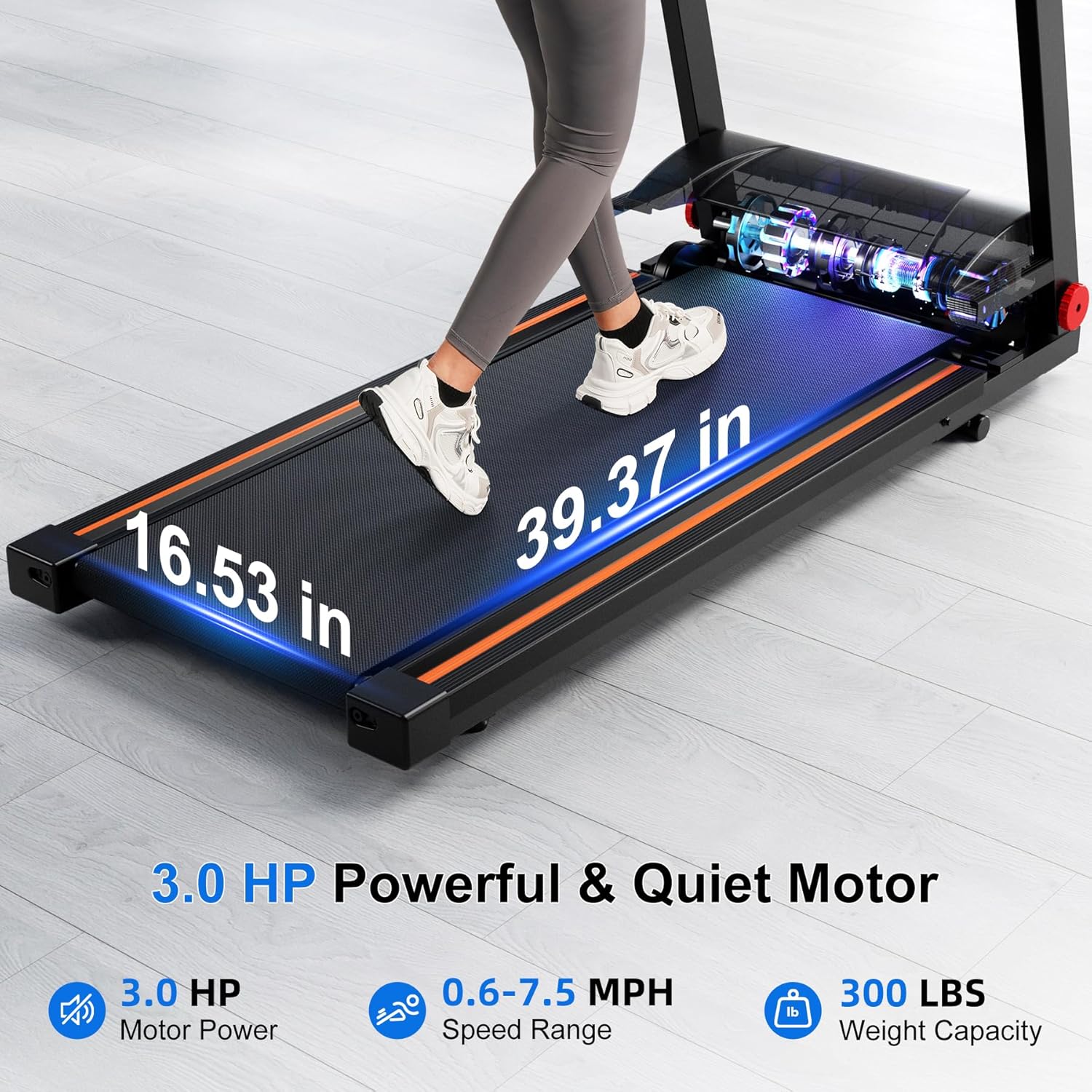Treadmill with 5% Incline, 300lbs Capacity Folding 15 HP Small Treadmills for Home Portable Running Treadmill with Handles Quiet Brushless Dual Cushion System, Electric Compact Treadmil - Image 5