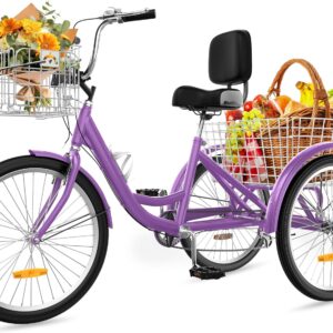 DWVO 24 26 Inch Adult Tricycle, Single Speed 7-Speed 3-Wheel Bike for Adults, Trike for Women Men with Detachable Front and Rear Baskets for Picnic Exercise Shopping