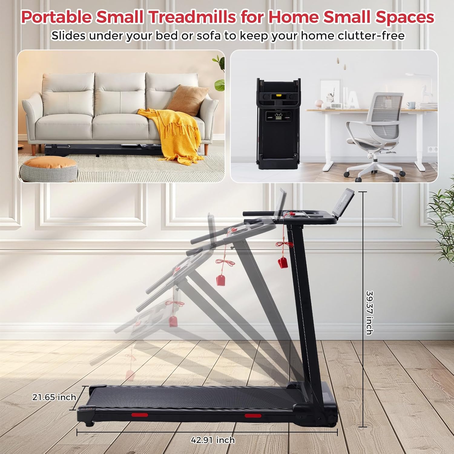 Portable Treadmill with Handles, 3.5HP Electric Small Treadmills for Home Small Spaces, 400LBS Walking Pad Treadmills with Handle Bar, Compact Running Treadmill for Home Office Apartment - Image 6