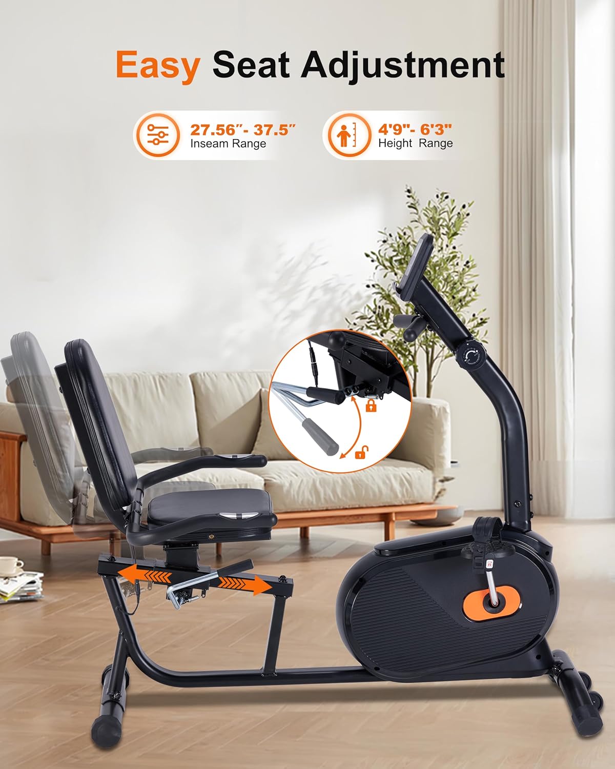 ECHANFIT Recumbent Exercise Bike for Home - 350LBS Weight Capacity, 16-Level Magnetic Resistance, Heart Rate Handle, Comfortable Seat, LCD Display, Black - Image 3